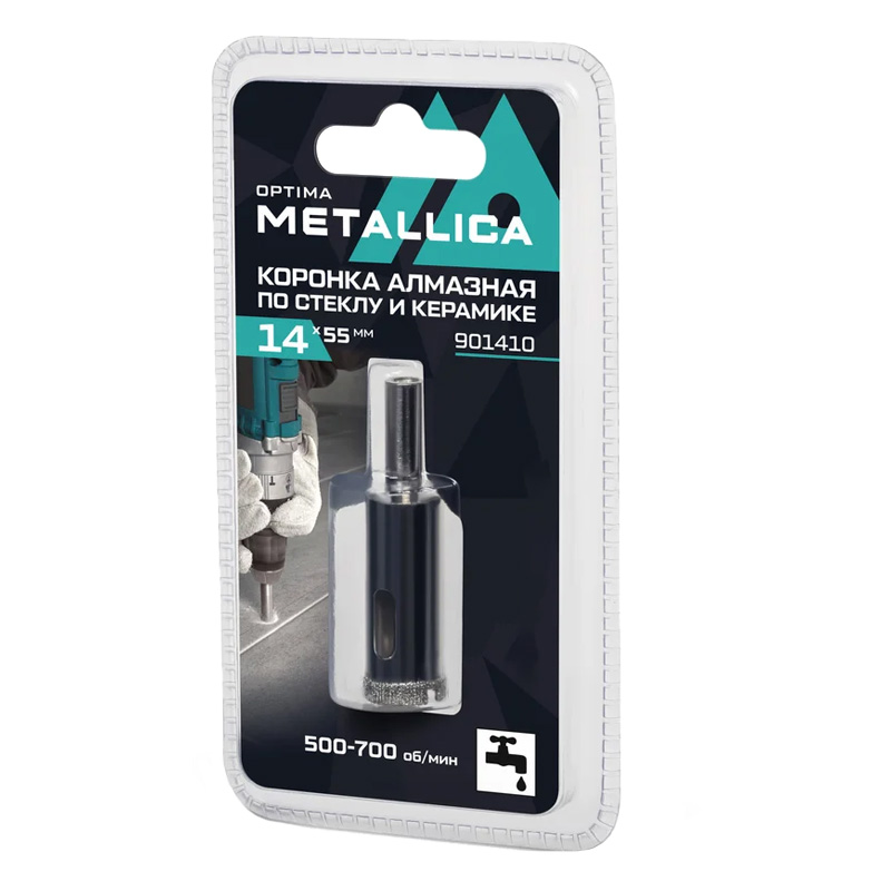 Коронка алмазная METALLICA Optima 14x55 мм, #80, по стеклу, плитке, 1 шт, в блистере.