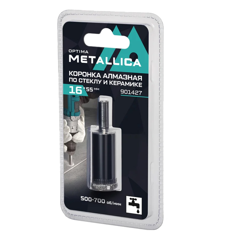 Коронка алмазная METALLICA Optima 16x55 мм, #80, по стеклу, плитке, 1 шт, в блистере.