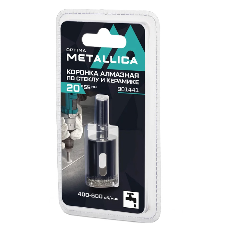 Коронка алмазная METALLICA Optima 20x55 мм, #80, по стеклу, плитке, 1 шт, в блистере.