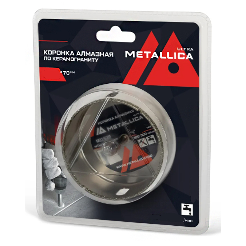 Коронка алмазная METALLICA Ultra 90х70 мм, #46, с сверлом, по керамограниту, плитке, в блистере Коронка алмазная METALLICA Ultra 90х70 мм, #46, с сверлом, по керамограниту, плитке, в блистере