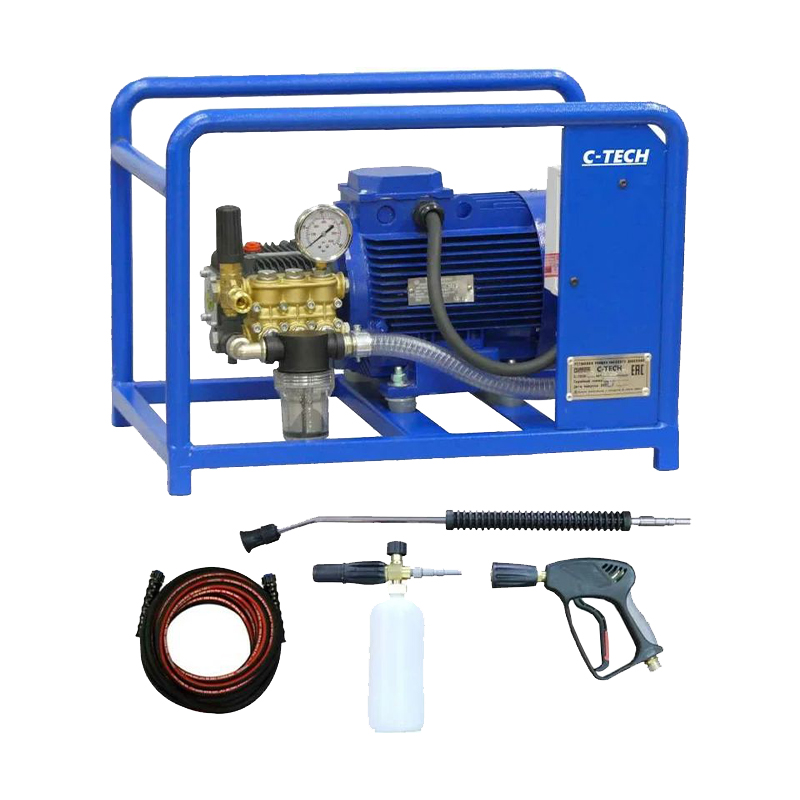 Мойка высокого давления проф. C-TECH TR (200 бар, до 900 л/ч, 5.5 кВт) + комплект Практик