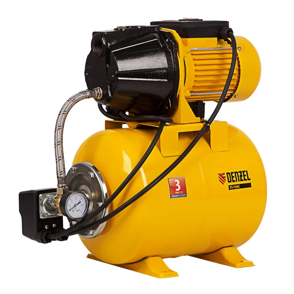 Насосная станция Denzel PS1100С, 1100 Вт, 4500 л/ч, ресивер 24 л, подъем 46 м, чугун